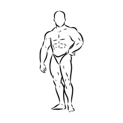Posing bodybuilder, isolated vector silhouette, ink drawing