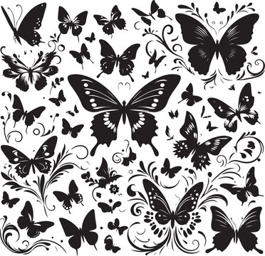 Butterflies and flowers, pattern with butterflies, set of butterflies, Flying butterflies silhouette black set isolated on white background