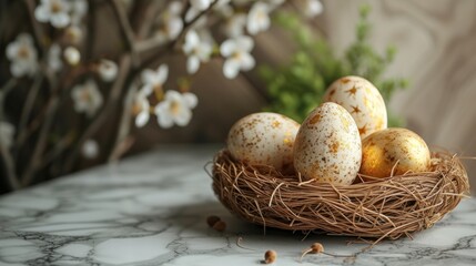 Obraz premium Easter background. Beautiful composition of colorful eggs and spring flowers on a delicate background. Spring holidays concept with copy space.