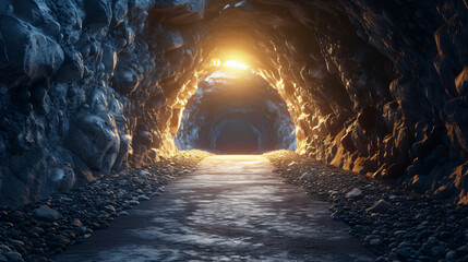 The dark rock tunnel with light illuminated in the