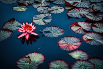Red lotus water lily blooming on water surface and dark blue leaves toned