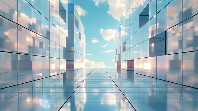 The image is a 3D rendering of a futuristic city. The city is made up of tall, reflective buildings that are arranged in a grid-like pattern.