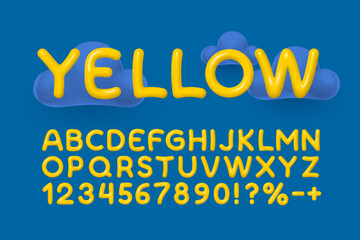 Yellow clouds font. English alphabet and numbers sign. Vector illustration