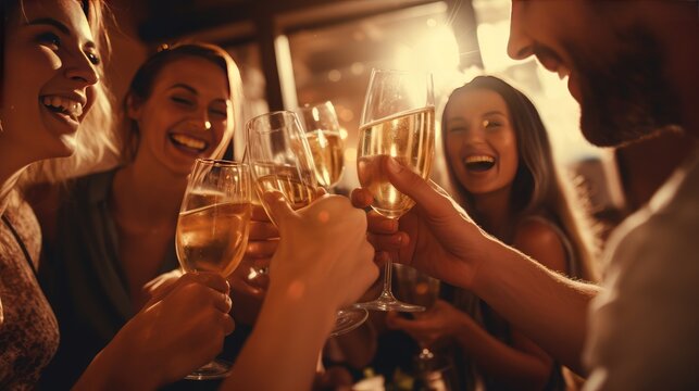A group of young friends with glasses of champagne in their hands. Holiday, birthday, anniversary, new year.
