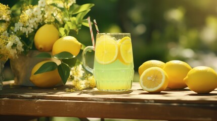 Fototapeta premium Lemon juice or compote in a glass with fresh fruits and leaves on a wooden table. A healthy sweet snack. A refreshing summer drink.