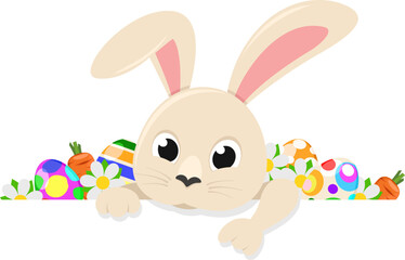 Easter bunny with colorful eggs peeks out on a white background. Place for text.