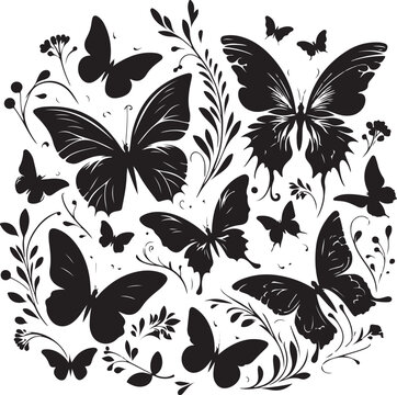 Butterflies and flowers, pattern with butterflies, set of butterflies, Flying butterflies silhouette black set isolated on white background