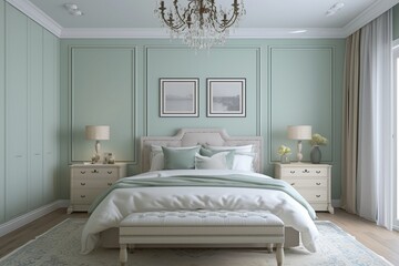 Step into the charm of French country style in this modern bedroom, where a soothing mint-colored wall sets the backdrop