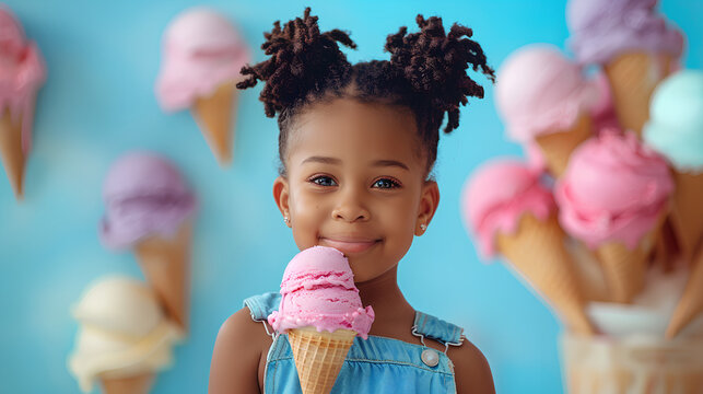 An Afro-American little cute girl holding a giant ice cream