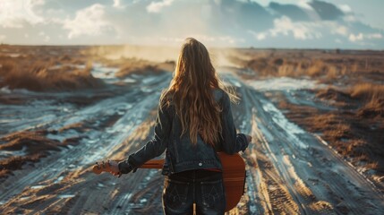 a woman with a guitar, in front of 2 different paths