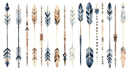 Watercolor ethnic boho set of arrows, native american tribe decoration print element, tribal navajo isolated illustration bohemian ornament, Indian, Peru, Aztec wrapping.   