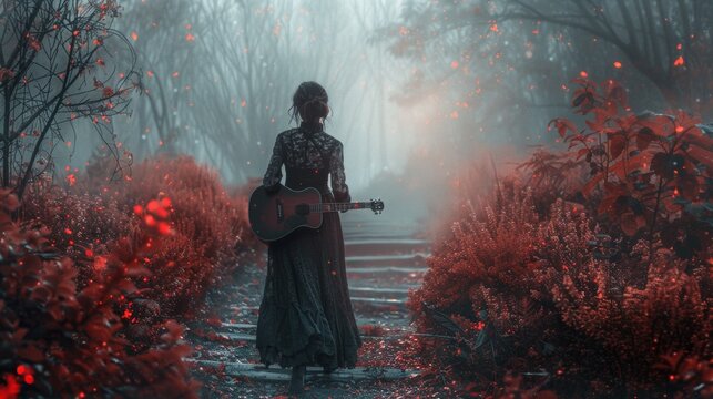 a woman with a guitar, in front of 2 different paths