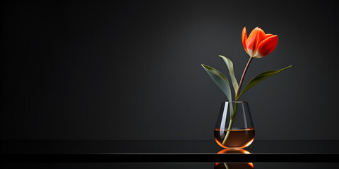 A glossy vase beautiful red color flower tulips green leaf 3d realistic black background Illustration - obrazy, fototapety, plakaty