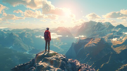Travel Adventure Moment: In the heart of a travel adventure, a backpacker stands atop a mountain, surrounded by breathtaking vistas, embodying the spirit of exploration and wanderlust. - - obrazy, fototapety, plakaty