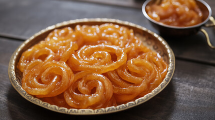 Traditional Indian Jalebi Sweet on Metal Plate, Top View