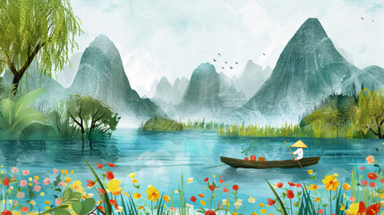Wide view childrens book illustration landscape in