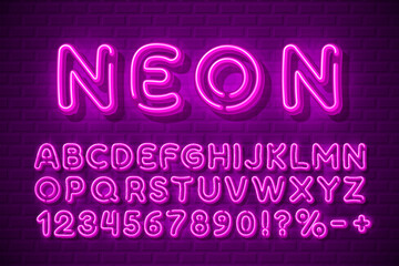 Neon city color red font. English alphabet and numbers sign. Vector illustration