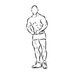 Posing bodybuilder, isolated vector silhouette, ink drawing