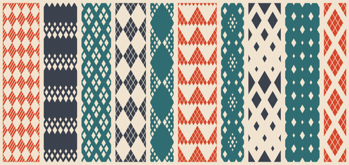 Rhombuses seamless geometric vector pattern set, rhomb simple black and white wallpaper background, regular tile design picture collection.