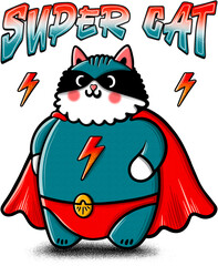 Funny Super Cat Illustration with Superhero Cape, Costume and Mask - 750578241