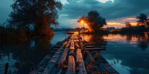 Foto op Canvas Wooden Bridge on the Lake. Wooden Pier Landscape © Resdika