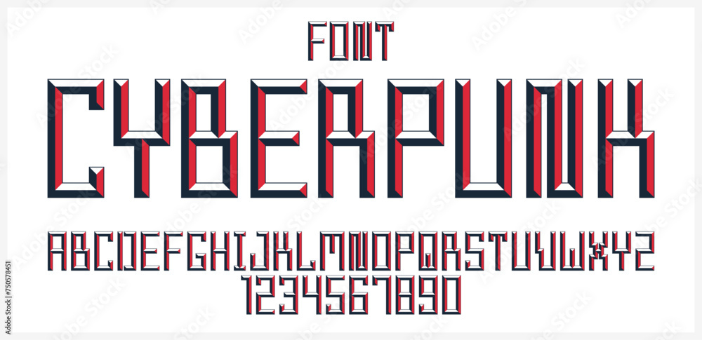 Poster minimal geometric cyberpunk font with facet effect, vector typeface in geometry volume style, future