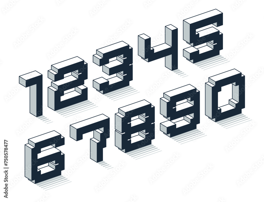 Poster minimal geometric cyberpunk 3d numbers, vector dimensional numerals in geometry minimalist cubic sty
