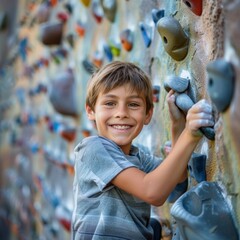 Joyful young boy climbing on an outdoor artificial rock wall, showcasing active lifestyle and adventure in childhood.