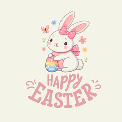 Watercolor cute Easter rabbit bunny and lettering Happy easter.