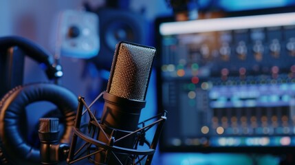 Professional studio microphone set up, hinting at podcasting, music production, and broadcasting, perfect for media and communication themes.