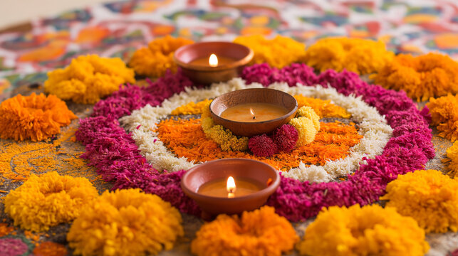 A vibrant floral rangoli adorned with a diya, representing traditional Indian festival decorations