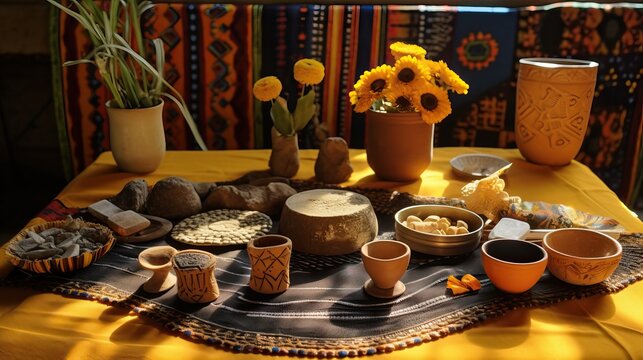 Altar for ceremony with Shipibo fabric, pots with indigenous bead art, kuripes for applying snuff, yellow flowers and crystals.


