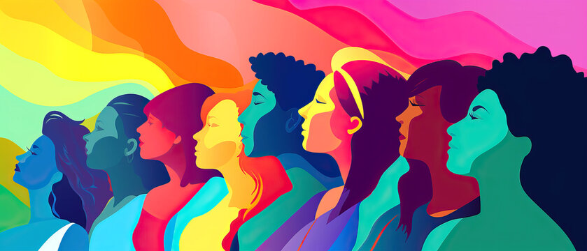 A row of women poses in front of a colorful Art paint backdrop