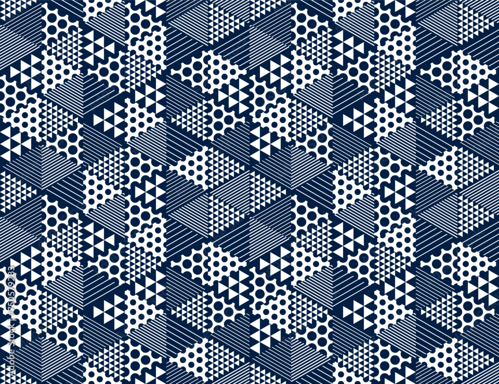 Poster geometric 3d seamless pattern with cubes, rhombus and triangles and dots boxes blocks vector backgro