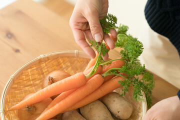 にんじんを持つ女性の手