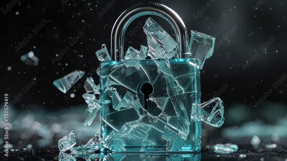 Poster a digitally rendered image of a shattered padlock symbolizing compromised security, representing con