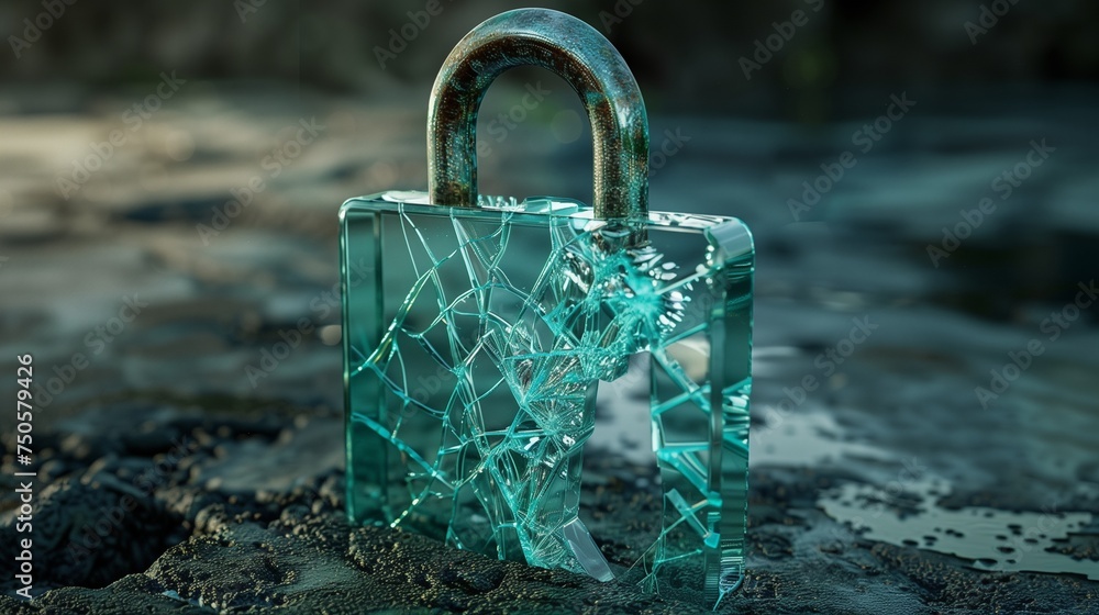 Poster a digitally rendered image of a shattered padlock symbolizing compromised security, representing con