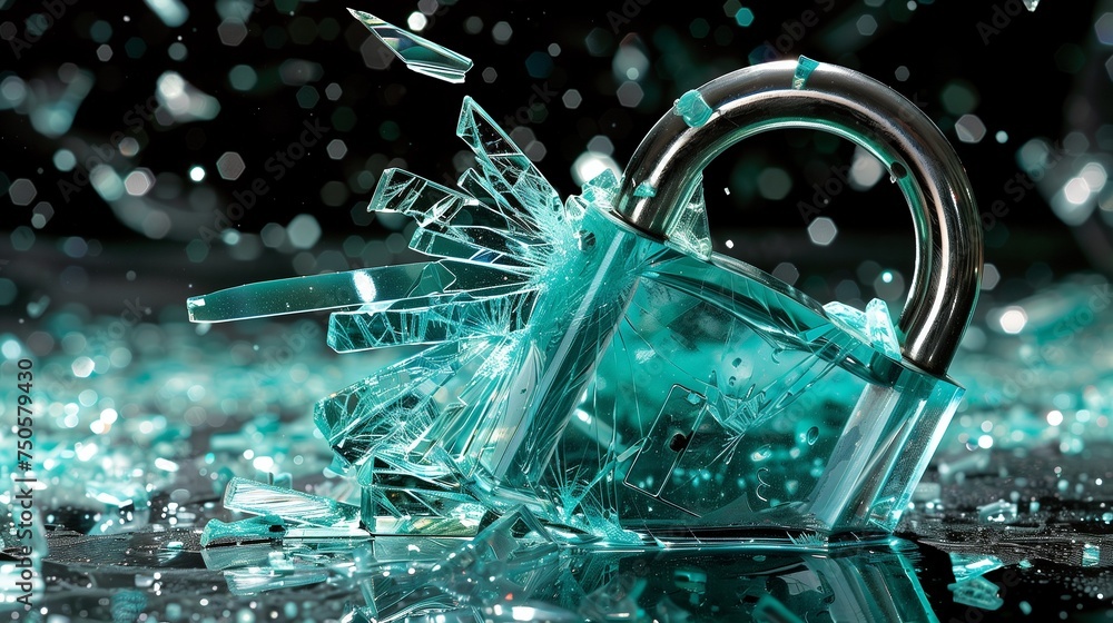 Poster a digitally rendered image of a shattered padlock symbolizing compromised security, representing con