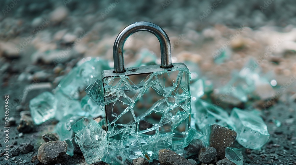 Poster a digitally rendered image of a shattered padlock symbolizing compromised security, representing con