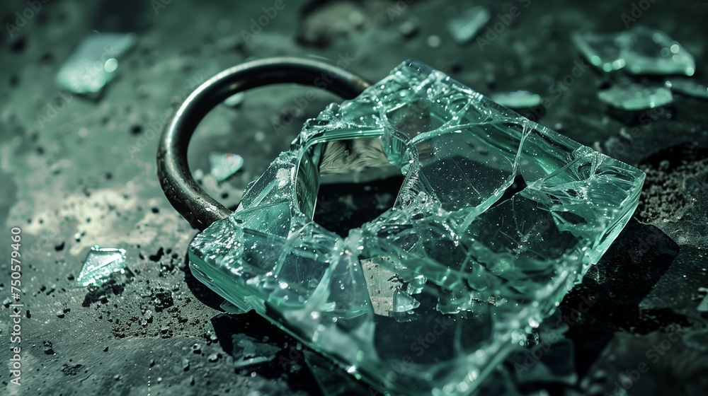 Poster a digitally rendered image of a shattered padlock symbolizing compromised security, representing con