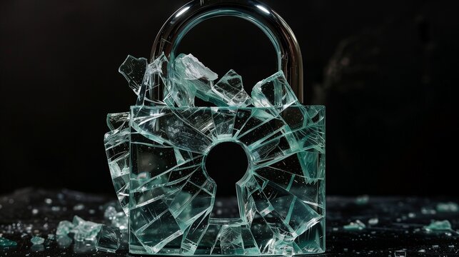 A digitally rendered image of a shattered padlock symbolizing compromised security, representing concepts of data breach, information vulnerability, and the fragility of digital protection.