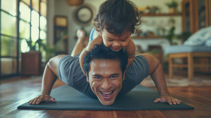 Father and child share a joyful fitness moment, doing push-ups together