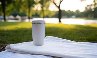 a blank thermal mug on a picnic blanket in a park