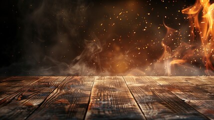 Rustic wooden table plank with fire flame burning on background. Generated AI image - obrazy, fototapety, plakaty