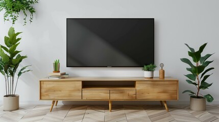 Modern living room with a big LED television on wooden table. Generated AI image