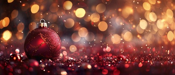Fototapeta na wymiar Festive Christmas Bokeh: Shiny Red and Gold Decorations
