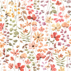 Colorful watercolor pattern of abstract wildflowers and plants, all over print, seamless isolated illustration for wallpapers, textile or floral background in provence style. - 750580078