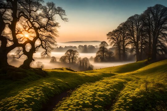 Oak, sunrise, fog, morning, spring, nature reserve, Grohberg, Faulbach, Miltenberg, Untermain, Main valley, Spessart, Bavaria, Germany, Europe