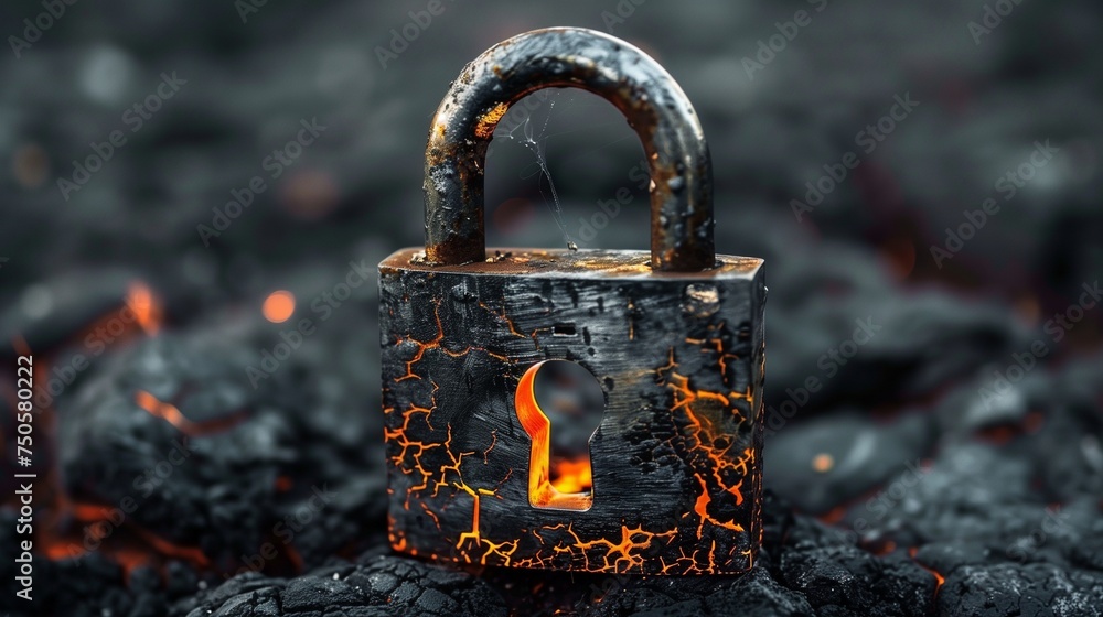 Poster a digitally rendered image of a shattered padlock symbolizing compromised security, representing con