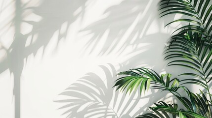 Fototapeta na wymiar Minimalistic Elegance: White Wall with Tropical Palm Leaf Shadow Pattern